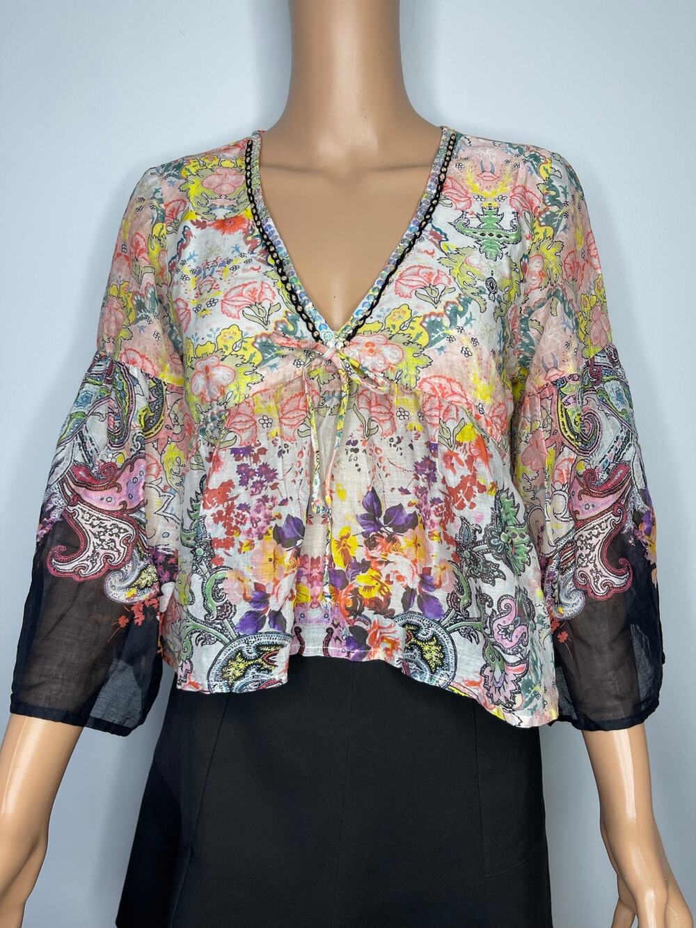 Natural Life Isabella Cotton Top  M New Boho Western Black Multicolored Paisley